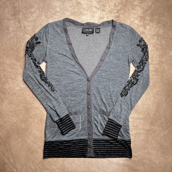 Miss Me Patchwork Rocaille Cardigan Sweater Deep V Button Up Indie Sleaze Goth - Picture 1 of 8